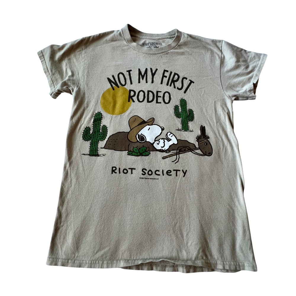 Riot Society Snoopy Not My First Rodeo Graphic Tee Tan Small Cowboy Shirt